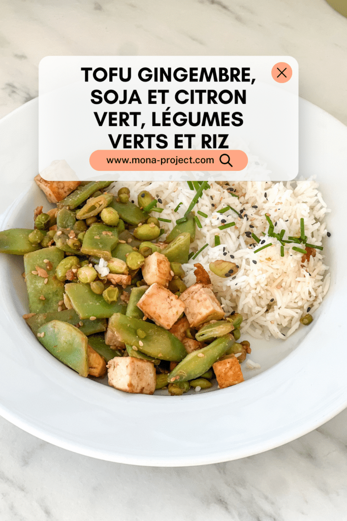tofu gingembre, soja et citron vert, légumes verts et riz